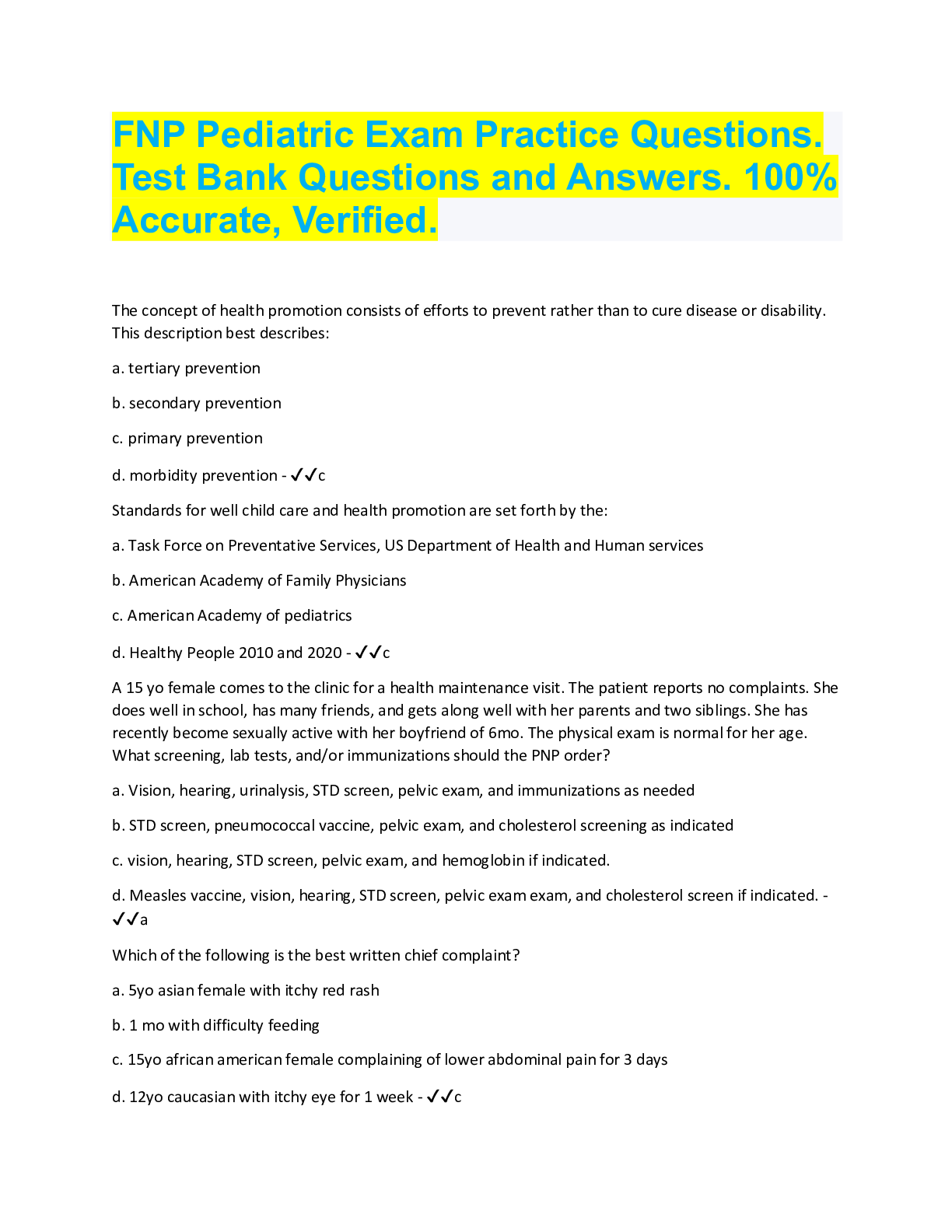 Preview image for FNP Pediatric Exam Practice Questions.  Test Bank Questions and Answers. 100%  Accurate, Verified.